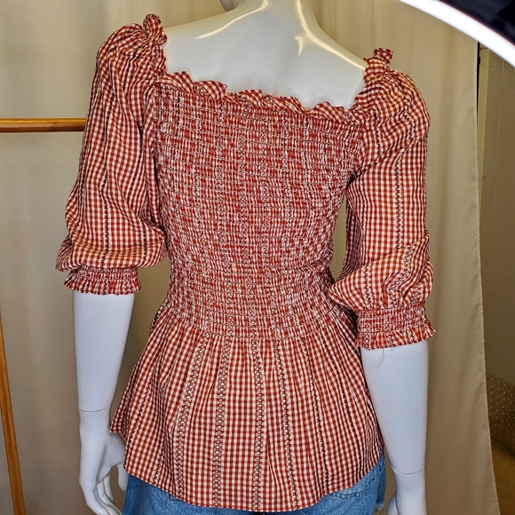MAX STUDIO Red Smoking Gingham Peplum Off shoulder blouse 3/4 sleeves Size S/M - Picture 5 of 13